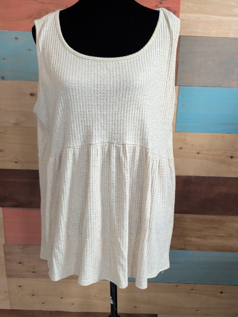 Cream Waffle Knit Babydoll Tank Top - Sleeveless Scoop Neck
